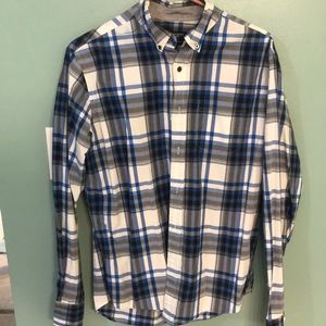 Men’s blue and black plaid button down shirt